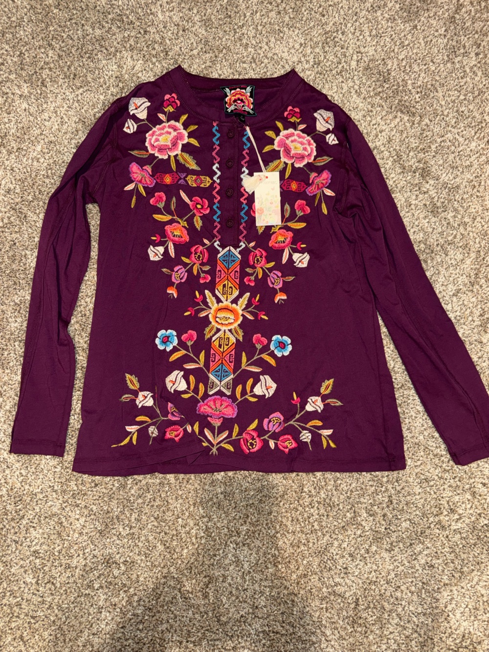 Johnny Was Purple Embroidered Floral Long-Sleeve Tunic